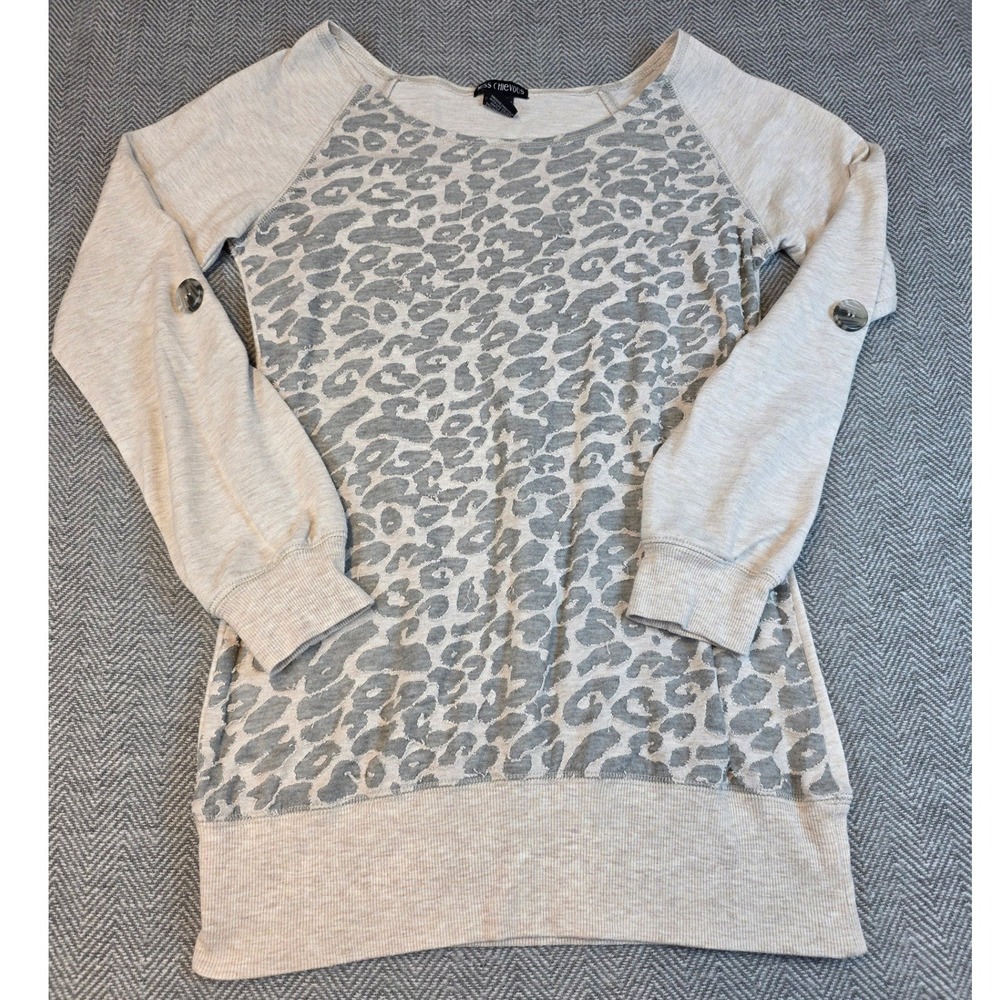Miss Chievous Womens Grey Leopard Print Raglan Pullover Top Elbow Button Small